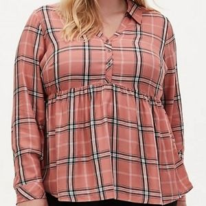 Torrid 3 Dust Coral Pink Twill Plaid Peplum Tunic